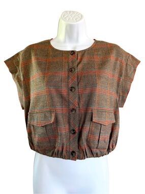 Shug Makena Desert Plaid Utility Top Wool Blend Bubble Hem Small